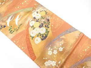 流水に鶴・花模様織り出し袋帯